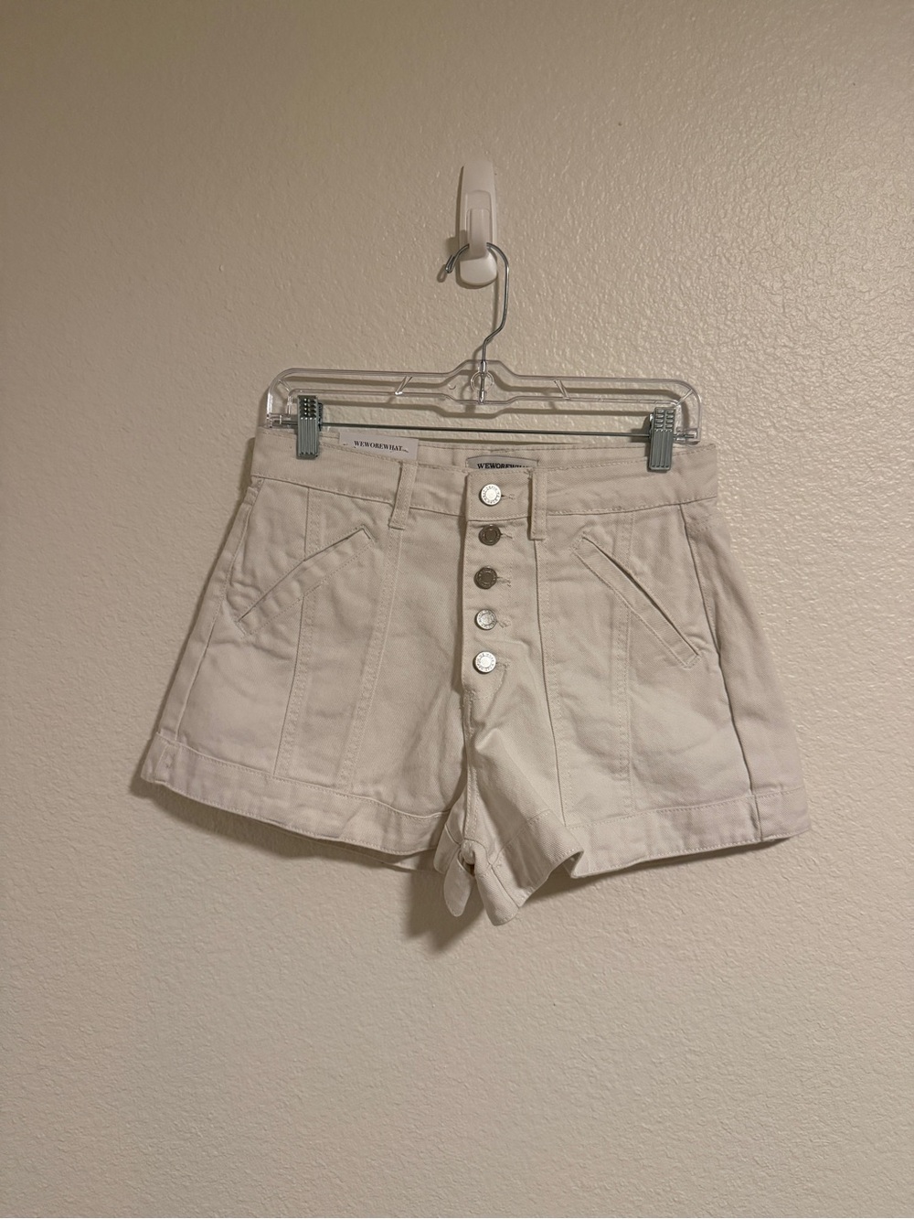 High-Waist White Denim Shorts WeWoreWhat with Button Front - Picture 3 of 14